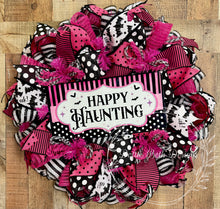 Load image into Gallery viewer, Pink &amp; Black Happy Haunting Halloween Wreath with Creepy Cute Bats
