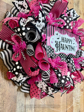 Load image into Gallery viewer, Pink &amp; Black Happy Haunting Halloween Wreath with Creepy Cute Bats
