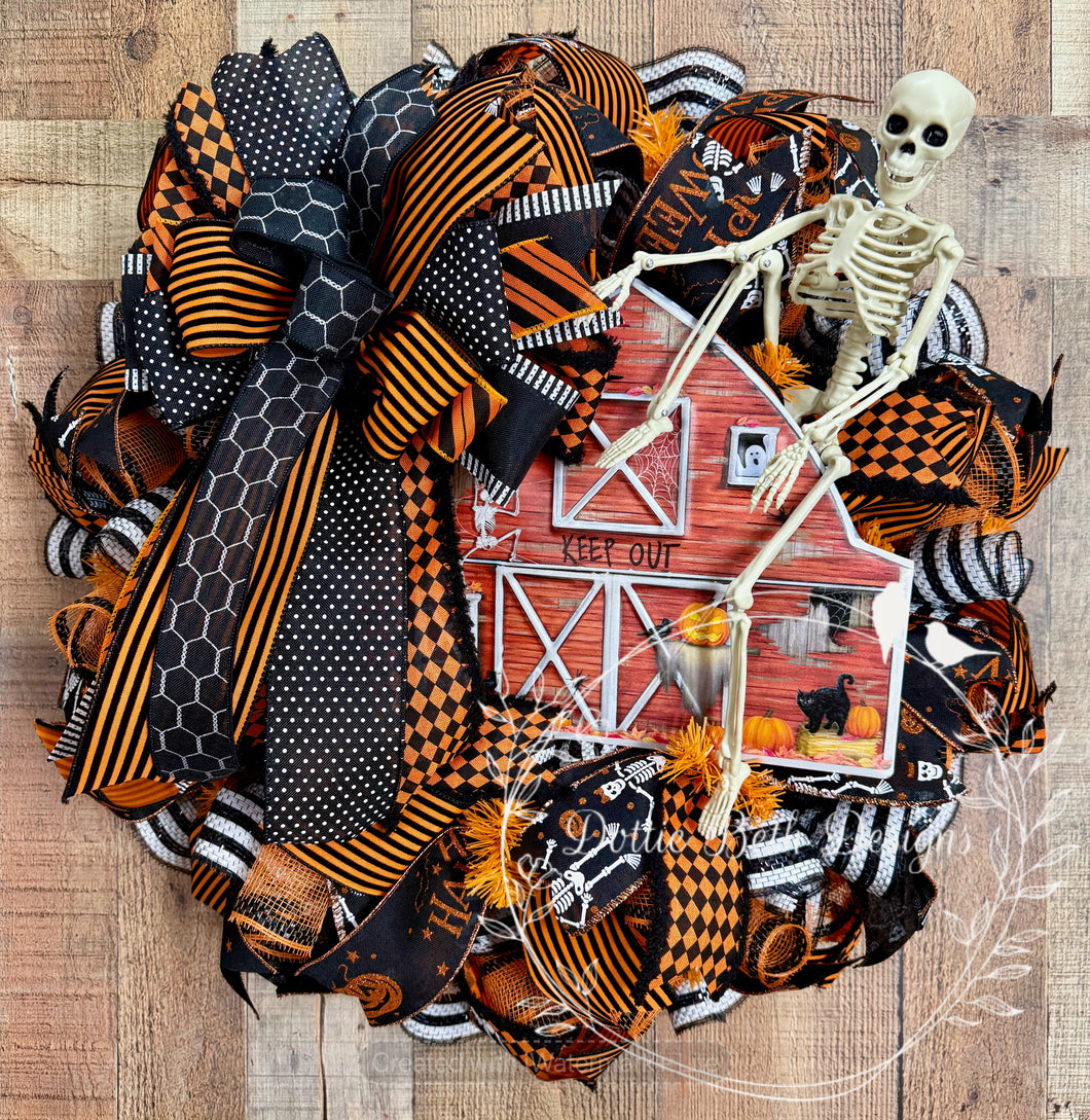 Halloween Haunted Barn Wreath with Skeleton and Spooky Ribbons
