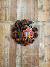 Load image into Gallery viewer, Halloween Haunted Barn Wreath with Skeleton and Spooky Ribbons
