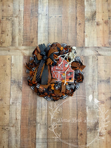Halloween Haunted Barn Wreath with Skeleton and Spooky Ribbons