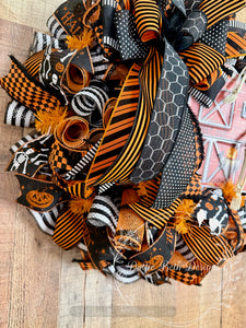 Halloween Haunted Barn Wreath with Skeleton and Spooky Ribbons
