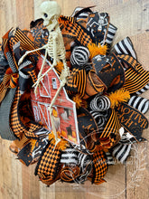 Load image into Gallery viewer, Halloween Haunted Barn Wreath with Skeleton and Spooky Ribbons
