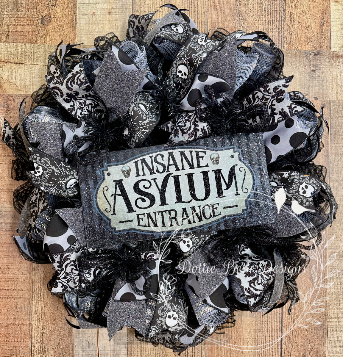 Insane Asylum Entrance Halloween Wreath Black and Gray Gothic Skulls