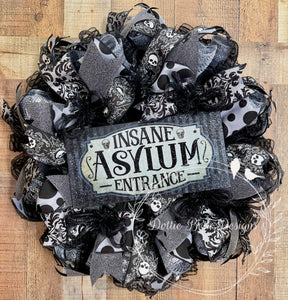 Insane Asylum Entrance Halloween Wreath – Black and Gray Gothic Skulls and Glitter
