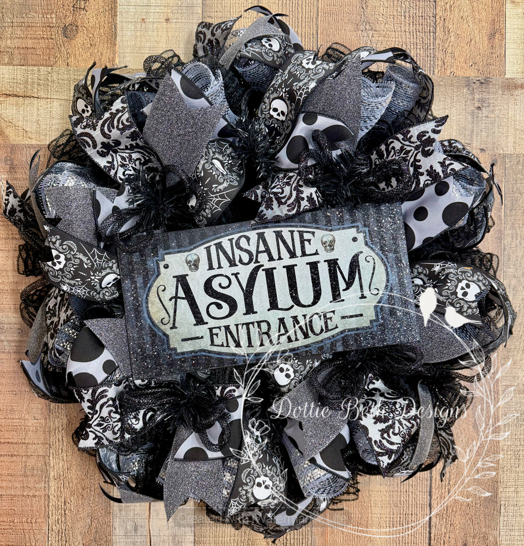 Insane Asylum Entrance Halloween Wreath – Black and Gray Gothic Skulls and Glitter