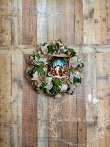 Nativity Scene Christmas Wreath with Green and Gold Ribbons