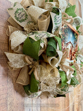 Load image into Gallery viewer, Nativity Scene Christmas Wreath with Green and Gold Ribbons
