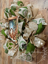 Load image into Gallery viewer, Nativity Scene Christmas Wreath with Green and Gold Ribbons
