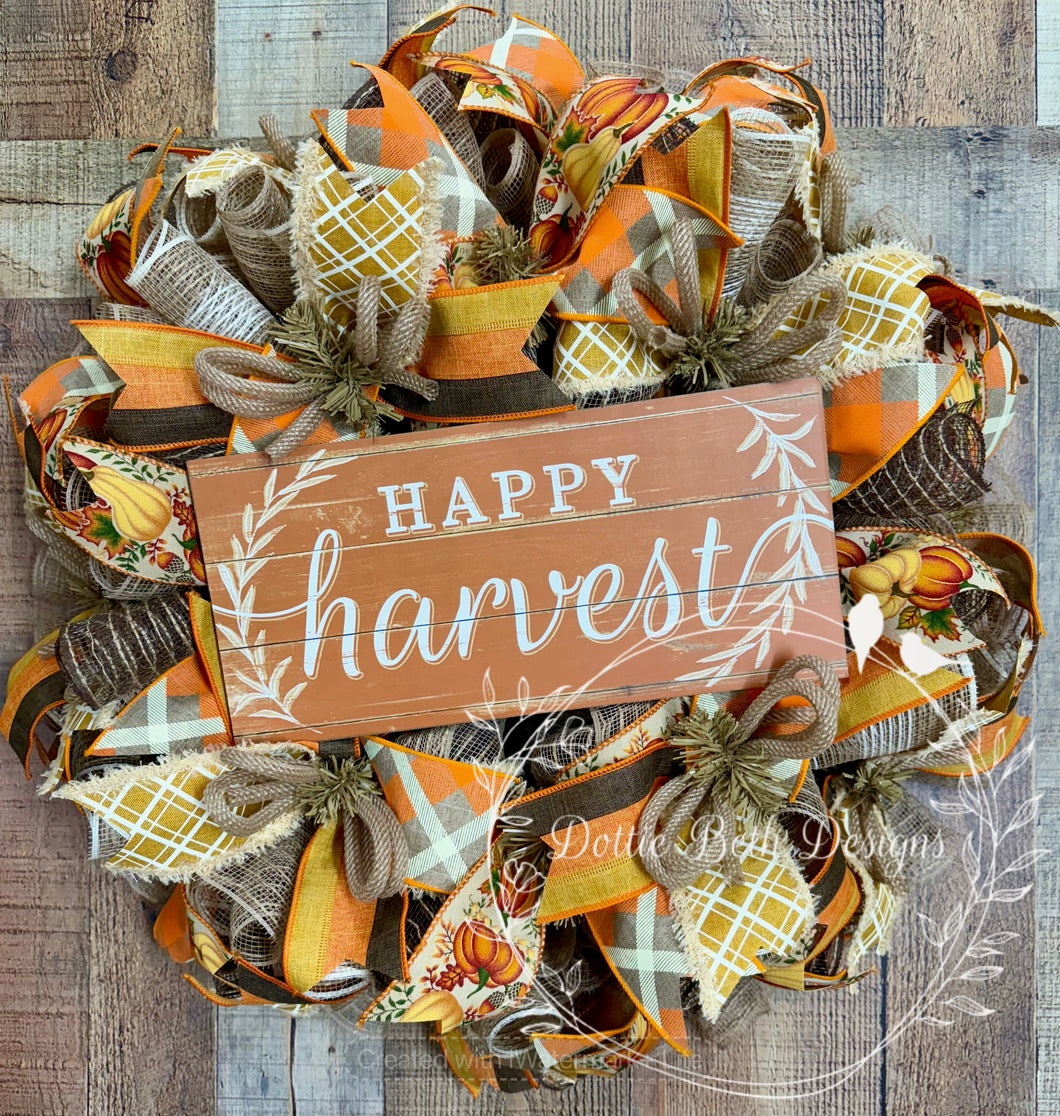 Happy Harvest Wreath with Pumpkins and Plaid Ribbon – Fall Front Door Decor