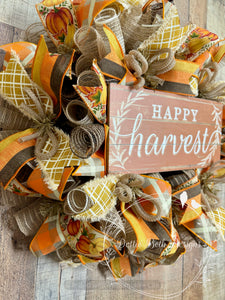 Happy Harvest Wreath with Pumpkins and Plaid Ribbon – Fall Front Door Decor