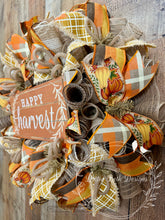 Load image into Gallery viewer, Happy Harvest Wreath with Pumpkins and Plaid Ribbon – Fall Front Door Decor

