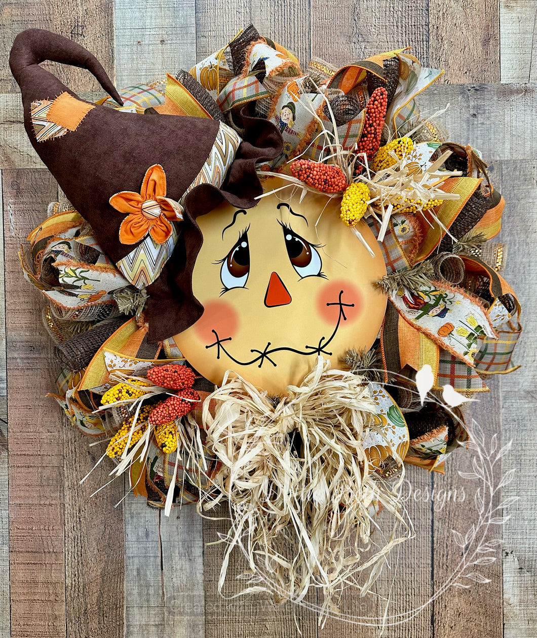 Scarecrow Wreath with Fall Ribbons and Raffia – 28x25 Inches