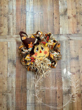 Load image into Gallery viewer, Scarecrow Wreath with Fall Ribbons and Raffia – 28x25 Inches
