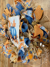 Load image into Gallery viewer, Blue Pumpkin Fall Wreath – 25” Deco Mesh Wreath – Autumn Front Door Decor
