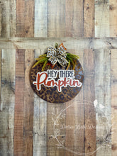 Load image into Gallery viewer, Leopard Hey There Pumpkin Door Hanger – Fall Sign – 18” Round
