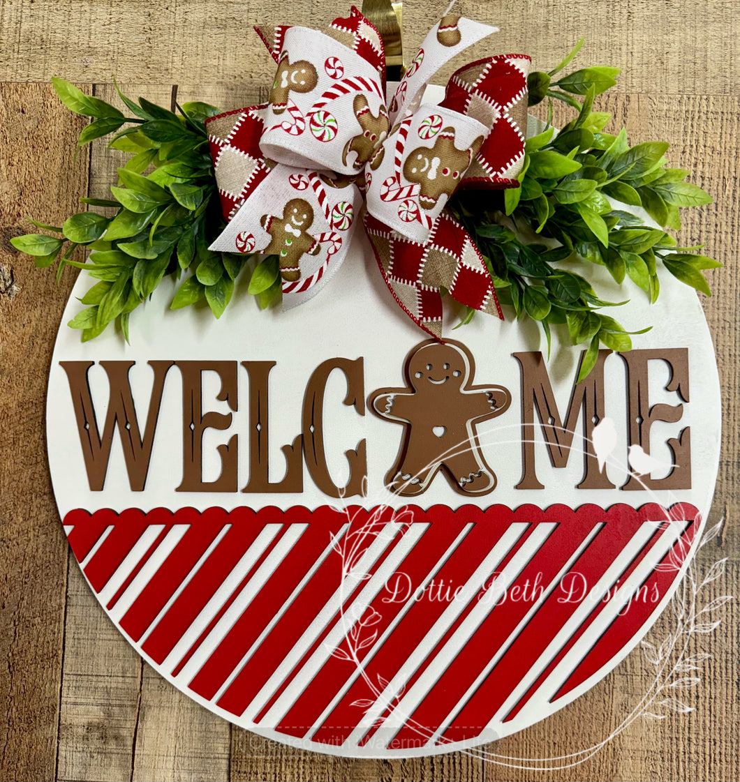 Gingerbread Welcome Door Hanger – Christmas Candy Cane Sign – 16” Round