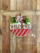Load image into Gallery viewer, Gingerbread Welcome Door Hanger – Christmas Candy Cane Sign – 16” Round
