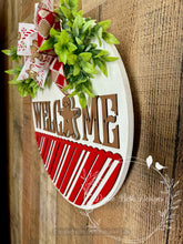Load image into Gallery viewer, Gingerbread Welcome Door Hanger – Christmas Candy Cane Sign – 16” Round
