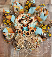 Load image into Gallery viewer, Scarecrow and Sunflower Fall Wreath – Rustic Autumn Deco Mesh Wreath
