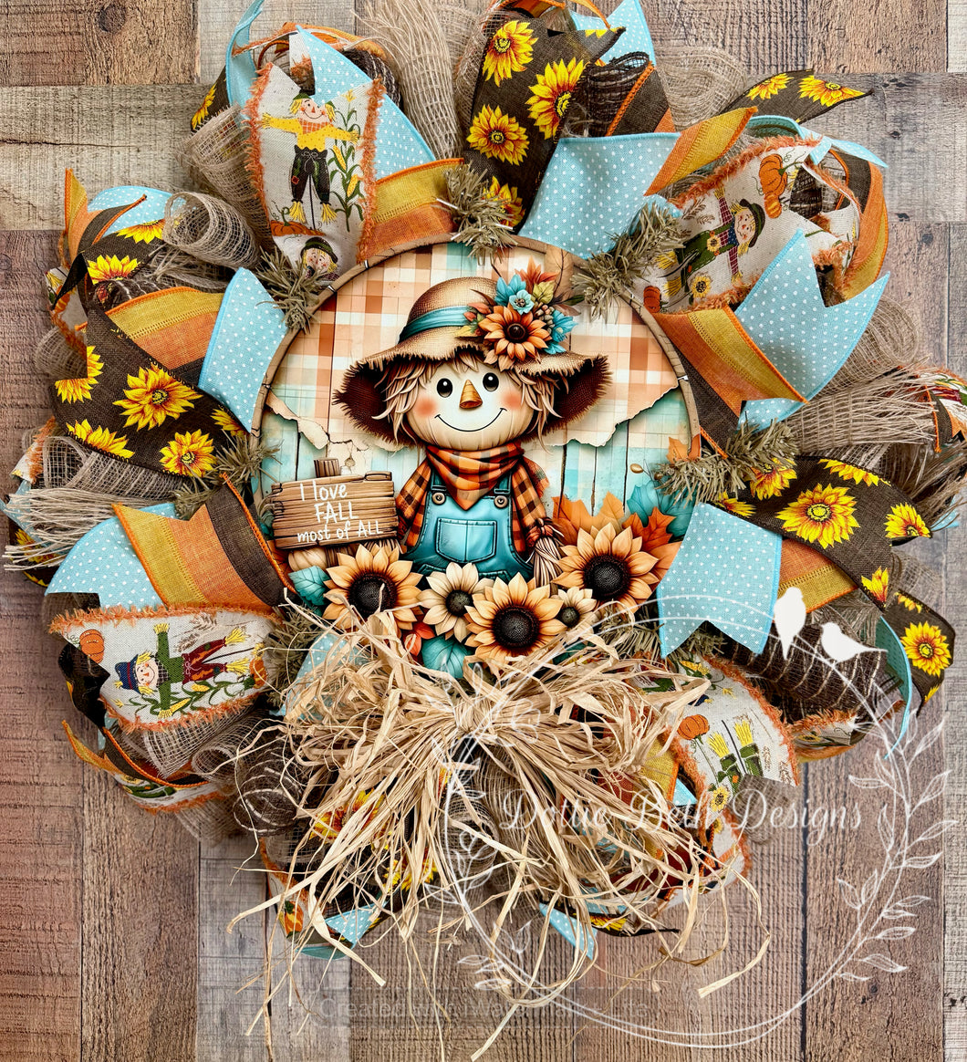 Scarecrow and Sunflower Fall Wreath – Rustic Autumn Deco Mesh Wreath