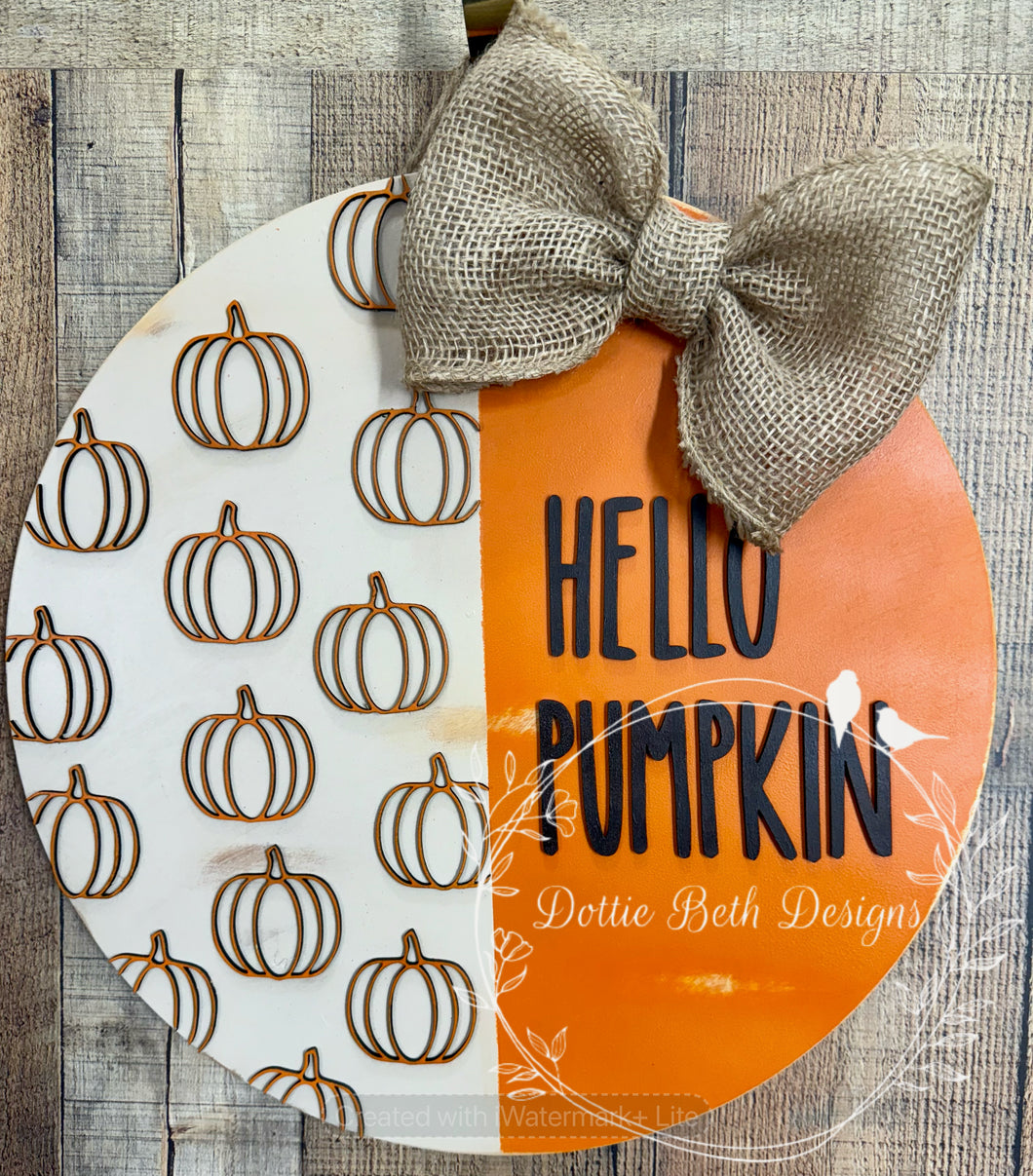 Hello Pumpkin – Rustic Orange & Cream Fall 16” Door Hanger