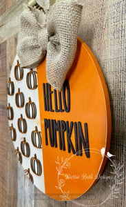 Hello Pumpkin – Rustic Orange & Cream Fall 16” Door Hanger