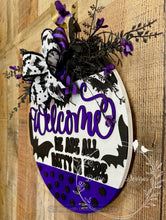 Load image into Gallery viewer, Welcome – We’re All Batty in Here Halloween 16” Door Hanger
