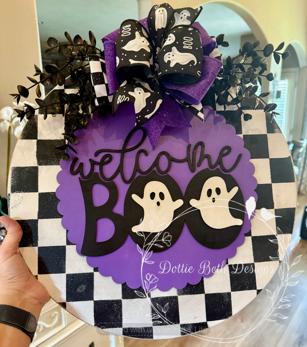 Welcome Boo Halloween Door Hanger – Ghosts on Purple & Buffalo Check