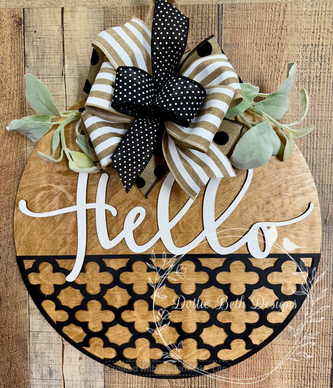 Neutral Hello Door Hanger with Bow – Black and White Welcome Sign, 16”