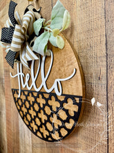 Load image into Gallery viewer, Neutral Hello Door Hanger with Bow – Black and White Welcome Sign, 16”
