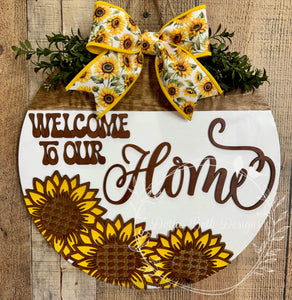 Sunflower Welcome to Our Home Door Hanger – Fall Floral Wood Sign, 16”