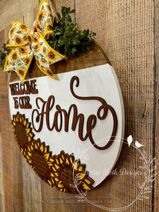 Sunflower Welcome to Our Home Door Hanger – Fall Floral Wood Sign, 16”