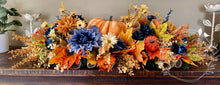 Load image into Gallery viewer, Pumpkin Fall Centerpiece with Navy, Burnt Orange &amp; Cream Florals – 33” Long
