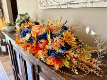 Load image into Gallery viewer, Pumpkin Fall Centerpiece with Navy, Burnt Orange &amp; Cream Florals – 33” Long
