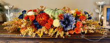 Load image into Gallery viewer, Fall Centerpiece with Green Pumpkin, Navy, Cream and Burnt Orange Florals – 33” Long
