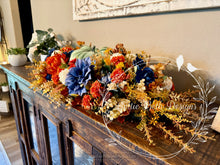 Load image into Gallery viewer, Fall Centerpiece with Green Pumpkin, Navy, Cream and Burnt Orange Florals – 33” Long
