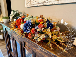 Fall Centerpiece with Green Pumpkin, Navy, Cream and Burnt Orange Florals – 33” Long
