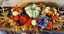 Load image into Gallery viewer, Fall Centerpiece with Green Pumpkin, Navy, Cream and Burnt Orange Florals – 33” Long
