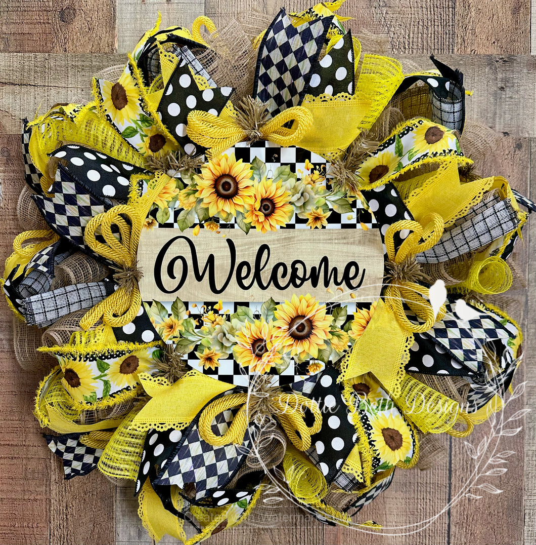 Sunflower Welcome Wreath with Yellow and Black Ribbons – 25”