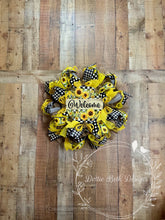 Load image into Gallery viewer, Sunflower Welcome Wreath with Yellow and Black Ribbons – 25”
