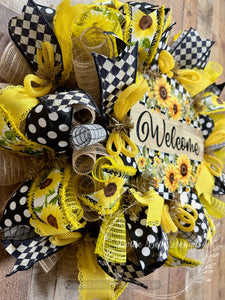 Sunflower Welcome Wreath with Yellow and Black Ribbons – 25”