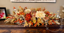 Load image into Gallery viewer, Fall Pumpkin Centerpiece with Rust and Cream Florals – 32” Autumn Table Arrangement
