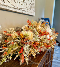 Load image into Gallery viewer, Fall Pumpkin Centerpiece with Rust and Cream Florals – 32” Autumn Table Arrangement
