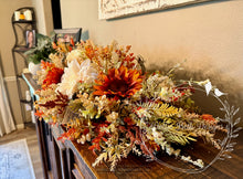 Load image into Gallery viewer, Fall Pumpkin Centerpiece with Rust and Cream Florals – 32” Autumn Table Arrangement
