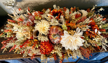 Load image into Gallery viewer, Fall Pumpkin Centerpiece with Rust and Cream Florals – 32” Autumn Table Arrangement

