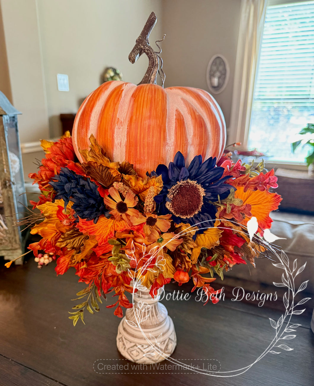 Pumpkin Candlestick Centerpiece with Fall Florals – 20” Autumn Home Décor