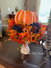 Load image into Gallery viewer, Pumpkin Candlestick Centerpiece with Fall Florals – 20” Autumn Home Décor
