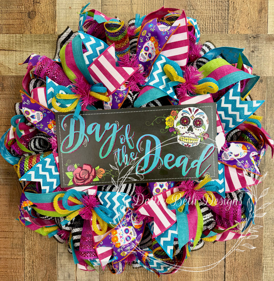 Day of the Dead Wreath – Sugar Skull Halloween Decor, Dia de los Muertos Front Door Decoration