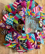 Load image into Gallery viewer, Day of the Dead Wreath – Sugar Skull Halloween Decor, Dia de los Muertos Front Door Decoration
